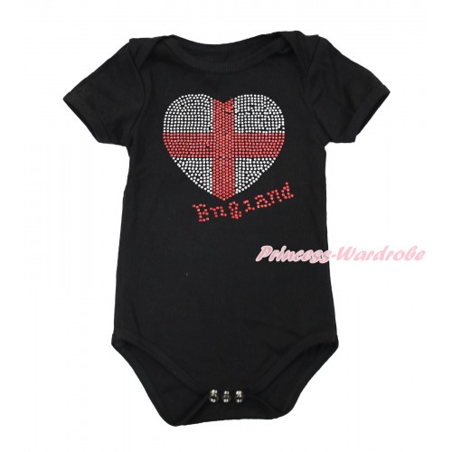 World Cup Black Baby Jumpsuit with Sparkle Crystal Bling Rhinestone England Heart Print TH497