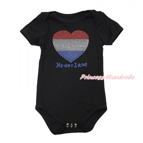 World Cup Black Baby Jumpsuit with Sparkle Crystal Bling Rhinestone Netherlands Heart Print TH498