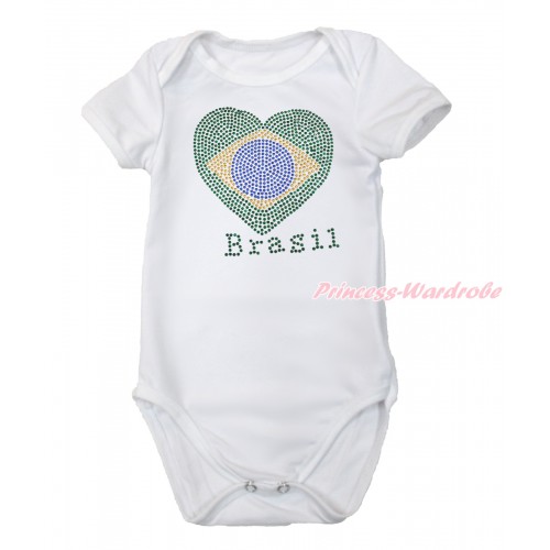 World Cup White Baby Jumpsuit with Sparkle Crystal Bling Rhinestone Brazil Heart Print TH501