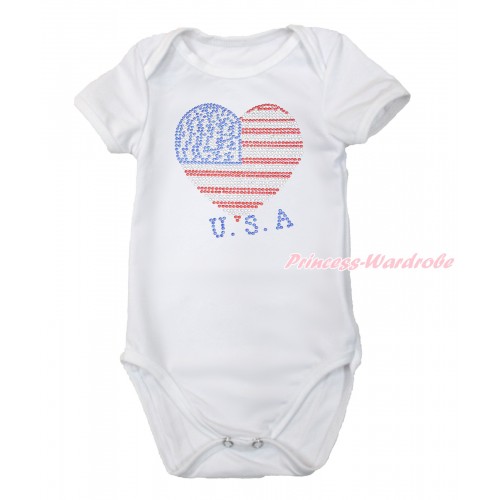 World Cup White Baby Jumpsuit with Sparkle Crystal Bling Rhinestone USA Heart Print TH503