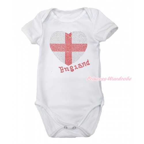 World Cup White Baby Jumpsuit with Sparkle Crystal Bling Rhinestone England Heart Print TH504
