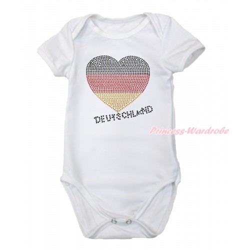 World Cup White Baby Jumpsuit with Sparkle Crystal Bling Rhinestone Germany Heart Print TH506