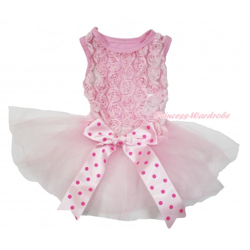 Valentine's Day Light Pink Romantic Rose Sleeveless Light Pink Gauze Skirt With Light Hot Pink Dots Bow Pet Dress DC178