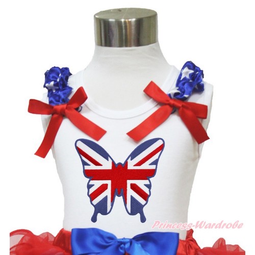 White Tank Top Patriotic American Star Ruffles Red Bow Patriotic British Butterfly TB822