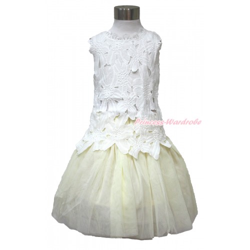 White Flower Guipure Lace Tank Top With Cream White Chiffon Maxi Skirt LP46