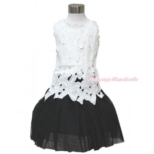 White Flower Guipure Lace Tank Top With Black Chiffon Maxi Skirt LP47
