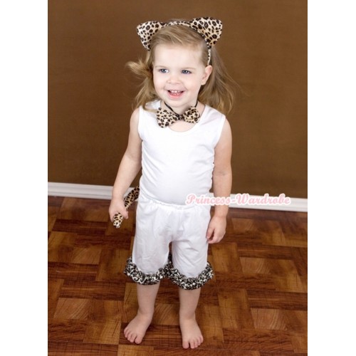 White Tank Top With White Cotton Short Pantie With Leopard Ruffles & Leopard Print Headband Tie Tail Set P011