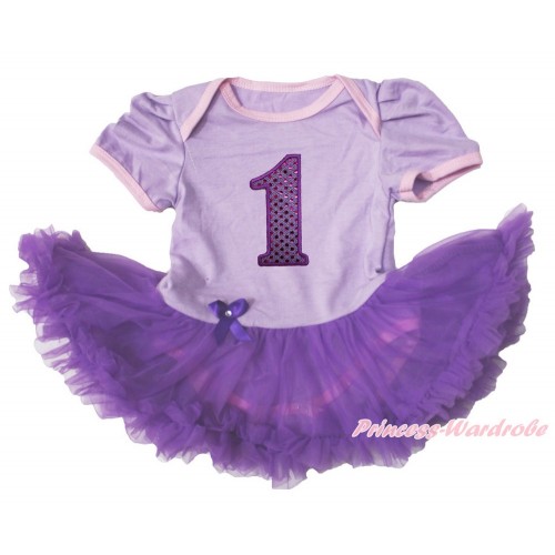Lavender Bodysuit Dark Purple Pettiskirt & 1st Sparkle Dark Purple Birthday Number JS3730