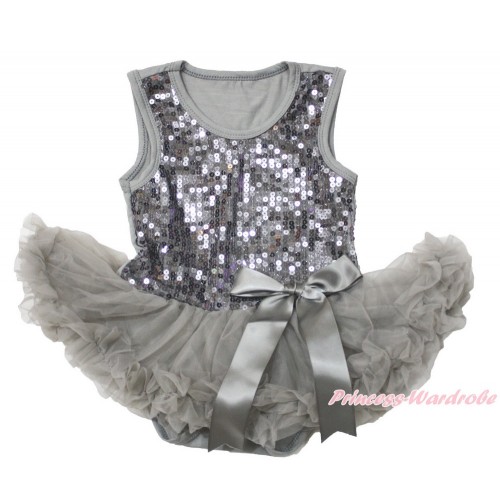 Valentine's Day Grey Sparkle Sequins Baby Bodysuit Pettiskirt & Bow JS3741