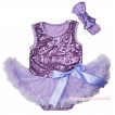 Valentine's Day Lavender Sparkle Sequins Baby Bodysuit Pettiskirt & Bow & Lavender Headband Silk Bow JS3747