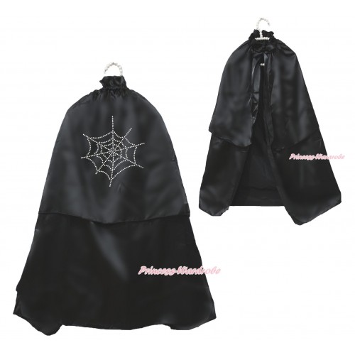 Halloween Sparkle Rhinestone Spider Web Black Satin Cape Coat Costume SH79