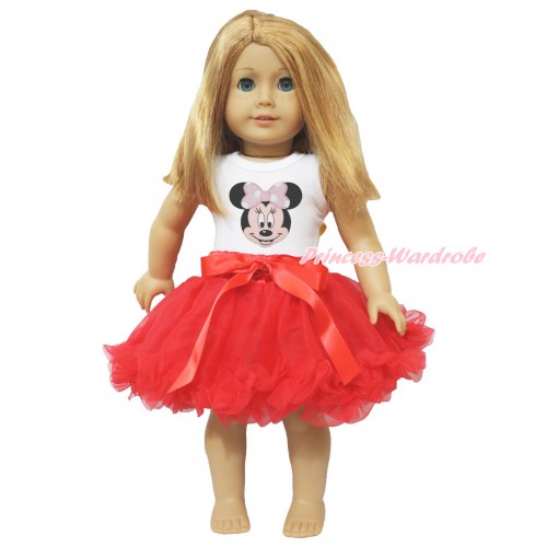 White Tank Top Light Pink Minnie Print & Red Bow Hot Red Pettiskirt American Girl Doll Outfit DO009