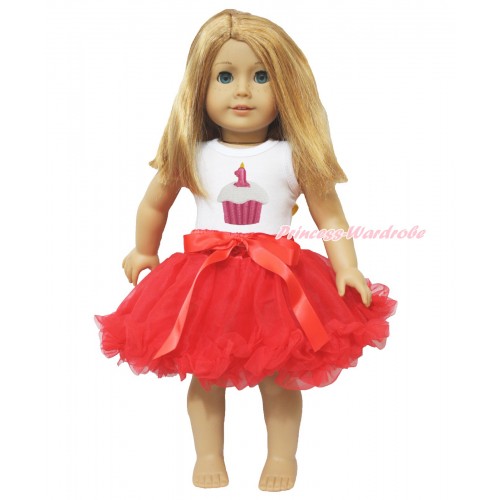 White Tank Top 1st Birthday Cake Print & Red Bow Hot Red Pettiskirt American Girl Doll Outfit DO010