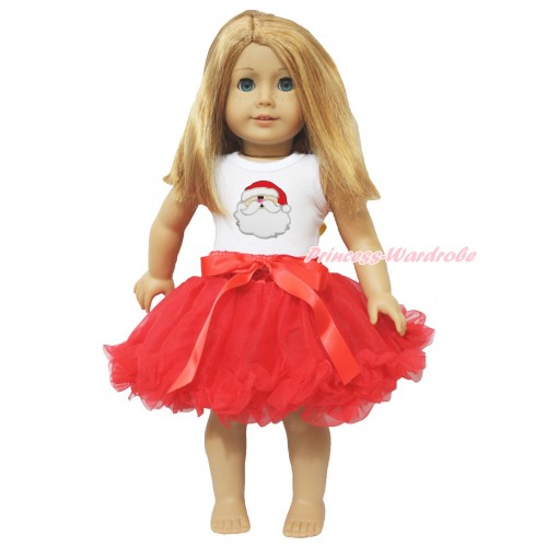 Xmas White Tank Top Santa Claus Print & Red Bow Hot Red Pettiskirt American Girl Doll Outfit DO011