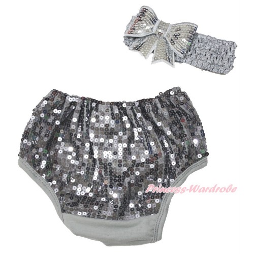 Grey Sparkle Sequins Panties Bloomers & Grey Headband Sparkle Sequins Bow BA24