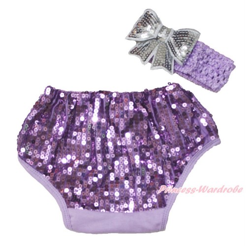 Lavender Sparkle Sequins Panties Bloomers & Lavender Headband Grey Sparkle Sequins Bow BA28