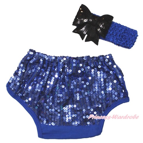 Royal Blue Sparkle Sequins Panties Bloomers & Royal Blue Headband Black Sparkle Sequins Bow BA29