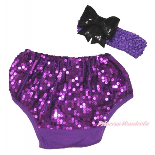 Dark Purple Sparkle Sequins Panties Bloomers & Dark Purple Headband Black Sparkle Sequins Bow BA30