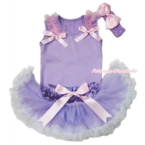 Lavender Baby Pettitop Light Pink Ruffles & Bow & Lavender White Newborn Pettiskirt & Lavender Headband Light Pink Silk Bow BG160