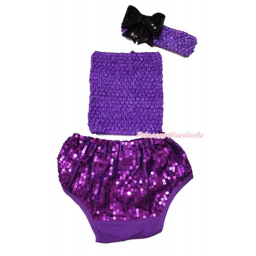 Dark Purple Crochet Tube Top & Sparkle Sequins Panties Bloomers & Dark Purple Headband Black Sparkle Sequins Bow 3PC Set CT685