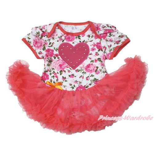 Valentine's Day Rose Fusion Bodysuit Jumpsuit Coral Tangerine Pettiskirt & Hot Pink Heart JS3693