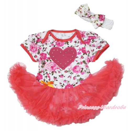 Rose Fusion Bodysuit Jumpsuit Coral Tangerine Pettiskirt & Hot Pink Heart & White Headband Rose Fusion Satin Bow JS3706