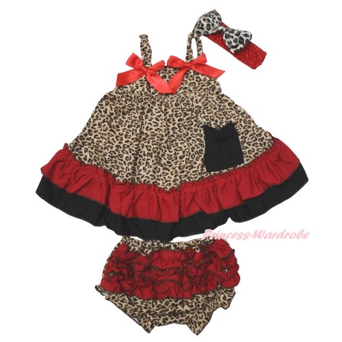 Leopard Swing Top & Hot Red Bow & Panties Bloomers & Red Headband Leopard Satin Bow SP18