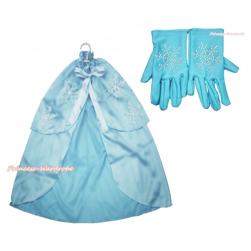 Frozen Princess Elsa Snowflakes Light Blue Satin Cape & Sparkle Rhinestone Snowflakes Short Length Gloves Dress Up Party Costume Set C304
