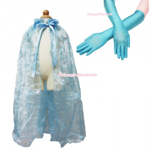 Frozen Princess Elsa Snowflakes Light Blue Organza Cape & Sparkle Rhinestone Snowflakes Elbow Length Gloves Dress Up Party Costume Set C307