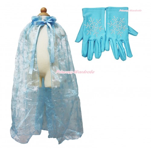 Frozen Princess Elsa Snowflakes Light Blue Organza Cape & Sparkle Rhinestone Snowflakes Short Length Gloves Dress Up Party Costume Set C306