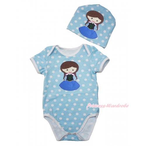 Frozen Light Blue White Polka Dots Baby Jumpsuit with Princess Anna Print with Cap Set JP58