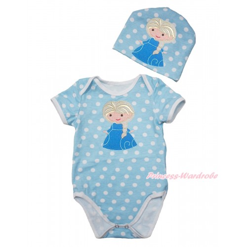 Frozen Light Blue White Polka Dots Baby Jumpsuit with Princess Elsa Print with Cap Set JP59