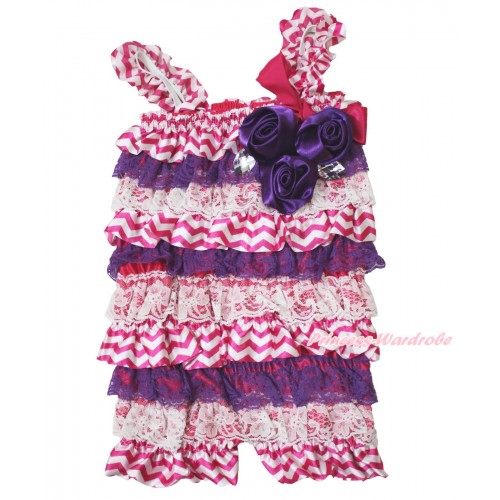 Halloween Hot Pink White Chevron Purple Lace Romper & Hot Pink Bow & Straps & Bunch Purple Satin Rosettes& Crystal LR194
