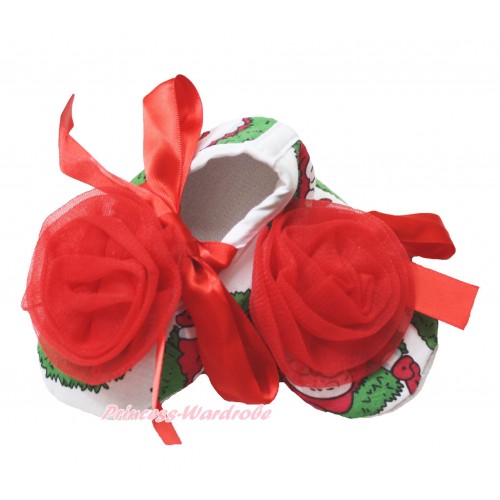 XMAS Santa Claus Shoes with Red Ribbon Crib Shoes With Red Rosettes S641