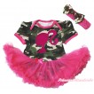 Camouflage Bodysuit Jumpsuit Hot Pink Pettiskirt & Hot Pink Barbie Princess Print & Hot Pink Headband Camouflage Satin Bow JS3794