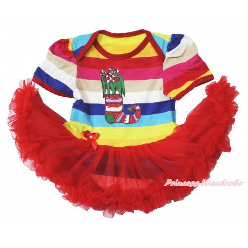 Xmas Rainbow Stripes Bodysuit Jumpsuit Red Pettiskirt & Christmas Stocking JS3757