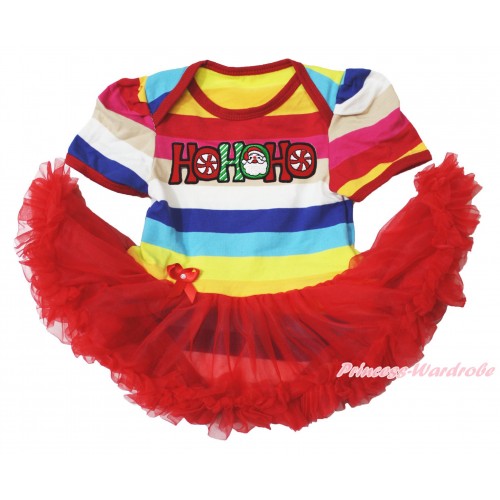 Xmas Rainbow Stripes Bodysuit Jumpsuit Red Pettiskirt & HOHOHO Santa Claus JS3758