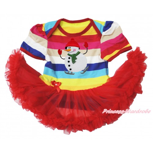 Xmas Rainbow Stripes Bodysuit Jumpsuit Red Pettiskirt & Ice-Skating Snowman JS3759