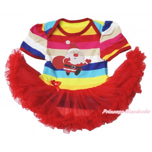 Xmas Rainbow Stripes Bodysuit Jumpsuit Red Pettiskirt & Gift Bag Santa Claus & Red Headband Red Satin Bow JS3788