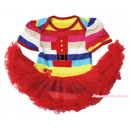 Xmas Rainbow Stripes Bodysuit Jumpsuit Red Pettiskirt & 1st Santa Claus Birthday Number JS3761
