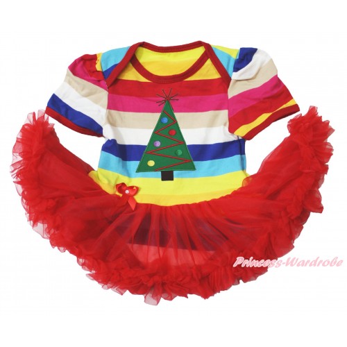 Xmas Rainbow Stripes Bodysuit Jumpsuit Red Pettiskirt & Christmas Tree JS3762