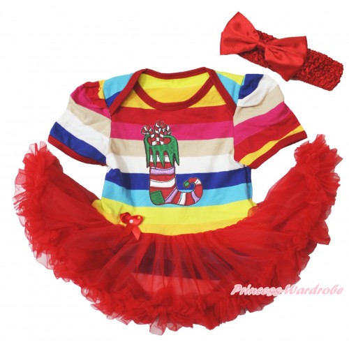 Xmas Rainbow Stripes Bodysuit Jumpsuit Red Pettiskirt & Christmas Stocking & Red Headband Red Satin Bow JS3785