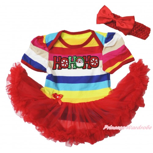 Xmas Rainbow Stripes Bodysuit Jumpsuit Red Pettiskirt & HOHOHO Santa Claus & Red Headband Red Satin Bow JS3786