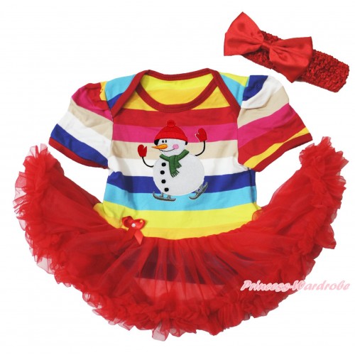 Xmas Rainbow Stripes Bodysuit Jumpsuit Red Pettiskirt & Ice-Skating Snowman & Red Headband Red Satin Bow JS3787