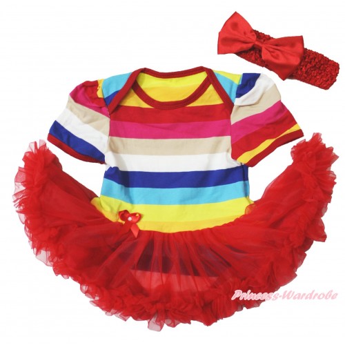 Rainbow Stripes Bodysuit Jumpsuit Red Pettiskirt & Red Headband Red Satin Bow JS3752