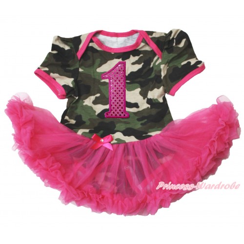 Camouflage Bodysuit Jumpsuit Hot Pink Pettiskirt & 1st Sparkle Hot Pink Birthday Number Print JS3763