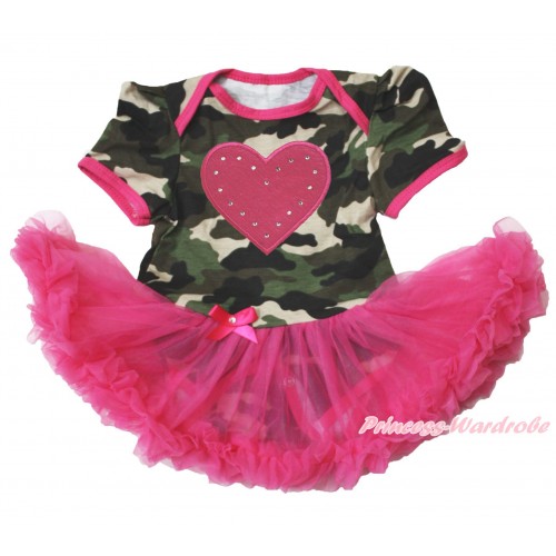 Valentine Camouflage Bodysuit Jumpsuit Hot Pink Pettiskirt & Hot Pink Heart Print JS3764