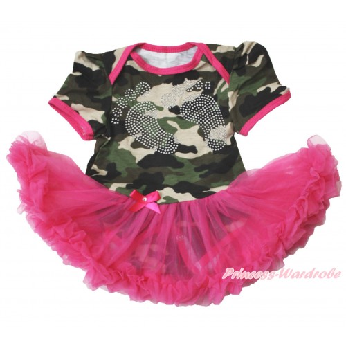 Camouflage Bodysuit Jumpsuit Hot Pink Pettiskirt & Sparkle rhinestone Foot Print JS3767