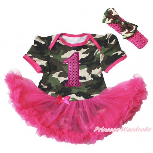 Camouflage Bodysuit Jumpsuit Hot Pink Pettiskirt & 1st Sparkle Hot Pink Birthday Number Print & Hot Pink Headband Camouflage Satin Bow JS3792