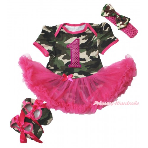 Camouflage Bodysuit Jumpsuit Hot Pink Pettiskirt & 1st Sparkle Hot Pink Birthday Number Print & Hot Pink Headband Camouflage Satin Bow & Hot Pink Ribbon Camouflage Shoes JS3813